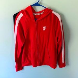 Red zip up hooded jacket. PINK. Size M.